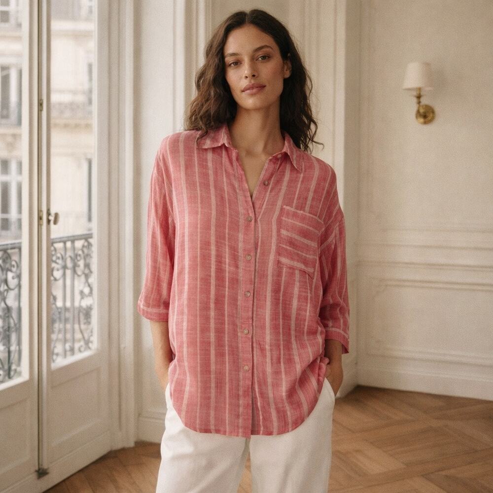 Sara Studio Red White Button Down Blouse Small Lightweight Viscose New Office